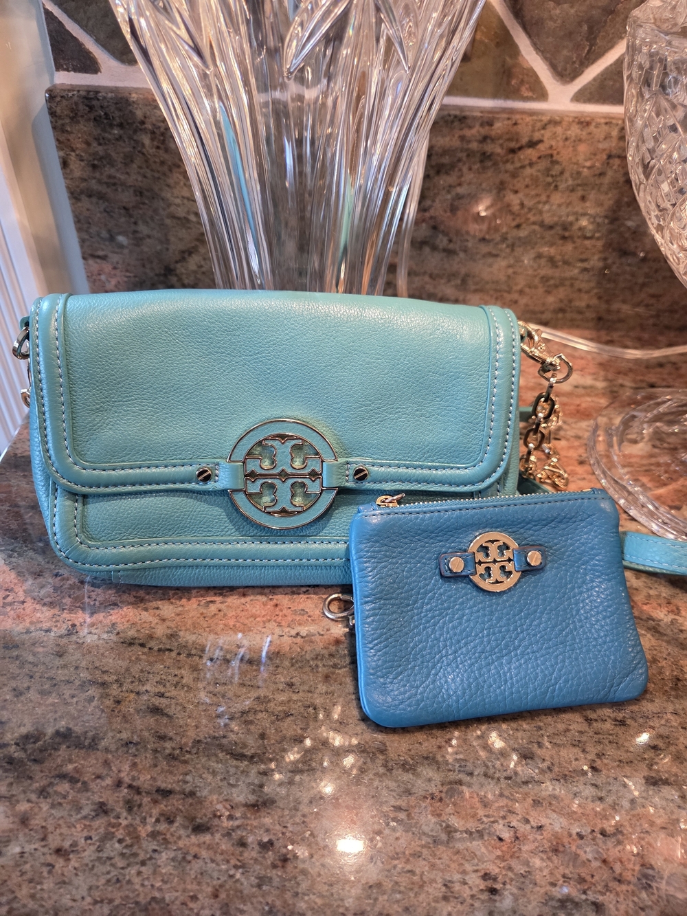 Tory Burch Teal Leather Crossbody with Coordinating Coin Purse